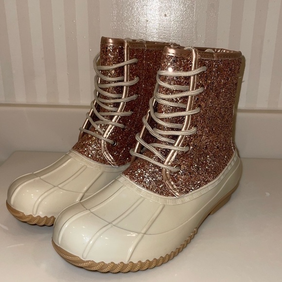 Sugar “Skipper” Rose Gold Glitter Lace Up Rain Snow Duck Boots - Picture 8 of 16